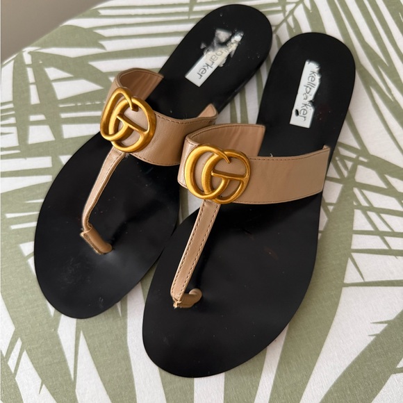 Tan Gold Sandals with gold hardware Logo,New Products : American Fashion Style Bags On Sale